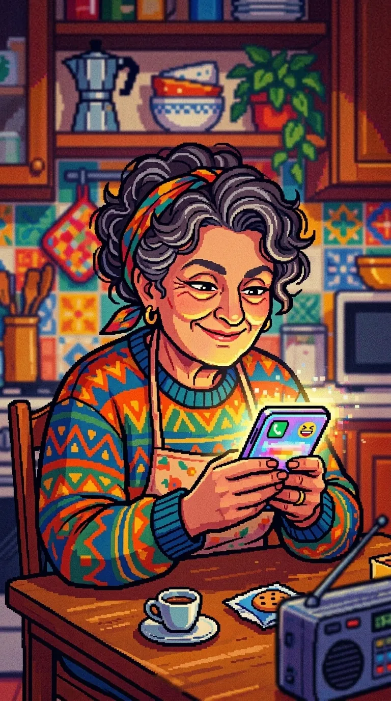 Illustrazione pixel art: una mamma italiana con i capelli ricci e il grembiule, seduta al tavolo della cucina, sorride sorniona guardando lo smartphone illuminato.